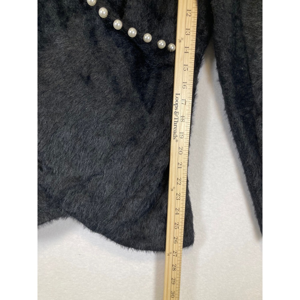 Pearlcore Boston Proper Women Size M Black Fuzzy Eyelash Knit Wrap Pearl Sweater - Picture 7 of 9